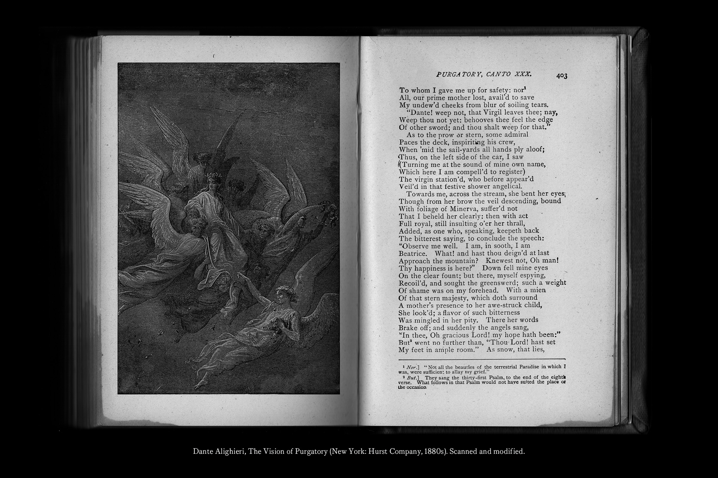 Open spread of original source material from Dante. Opening to the same illustration previewed in the first image.