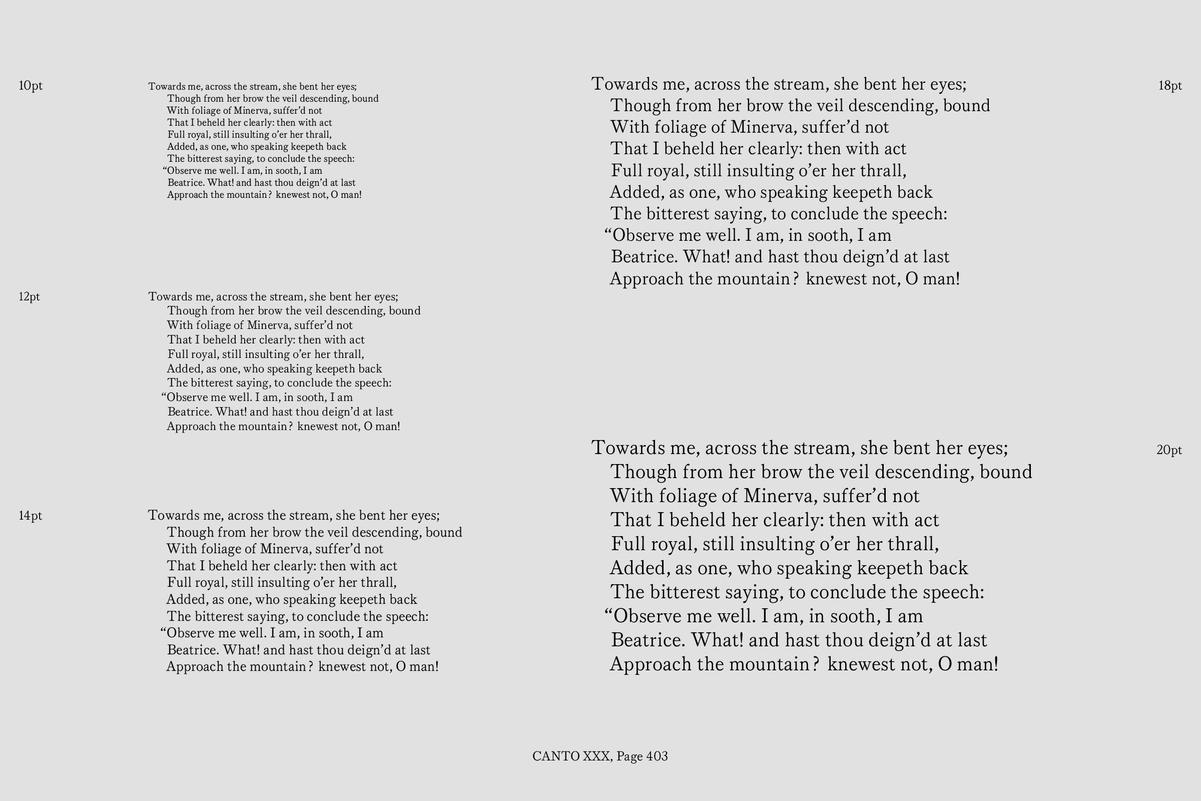 Preview of a small paragraph set in different sizes using Beatrice No. 30