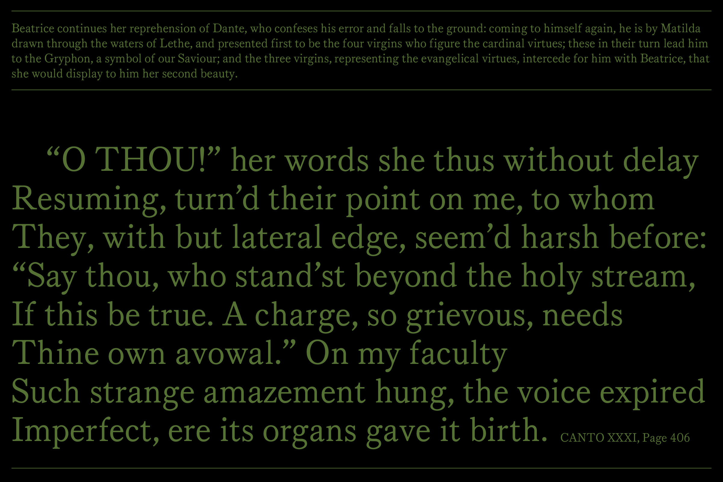 Black background with olive green text pulling text from Dante's Purgatory written in Beatrice No. 30