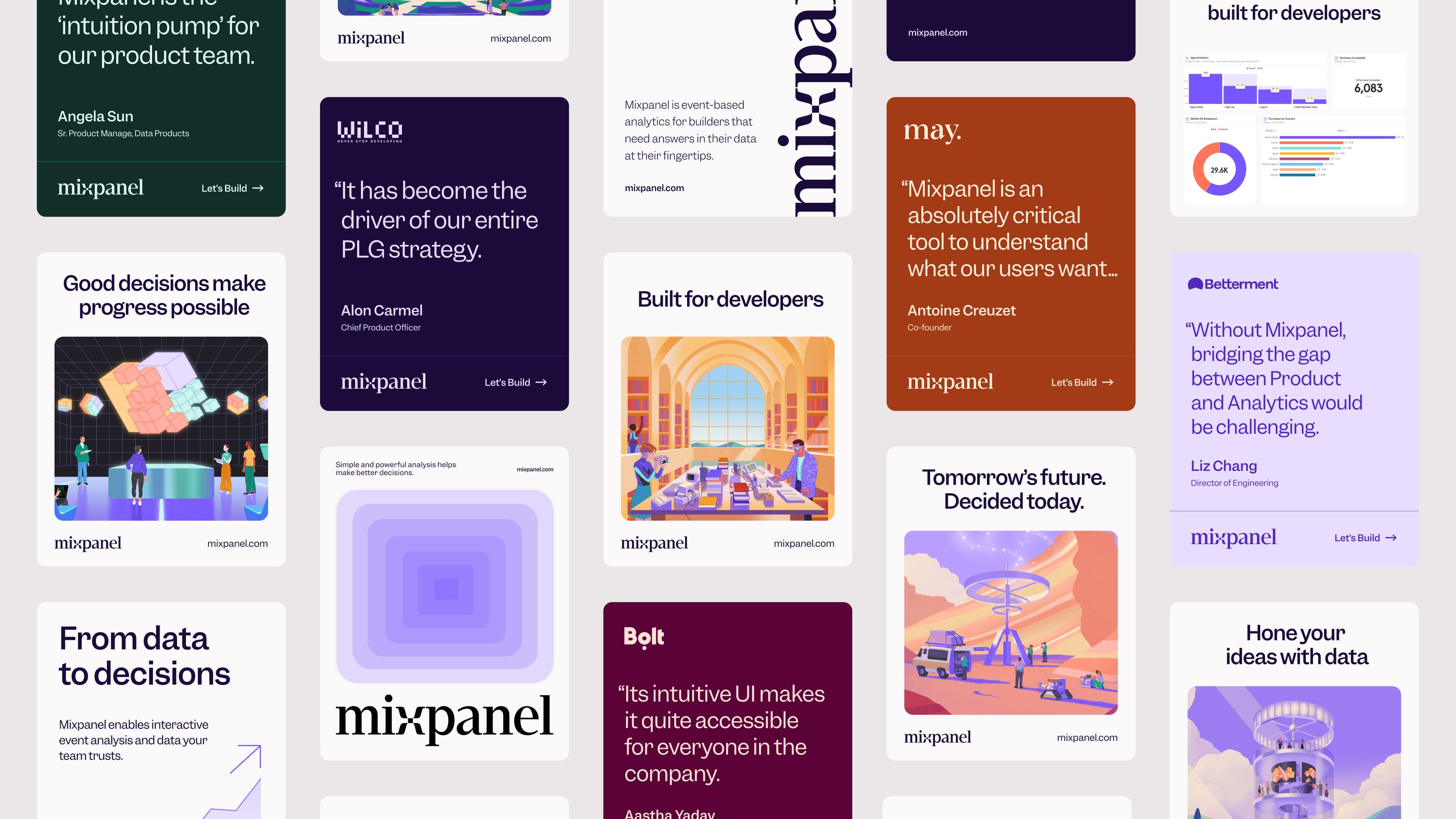 An assortment of Mixpanel ads in a 5 col grid