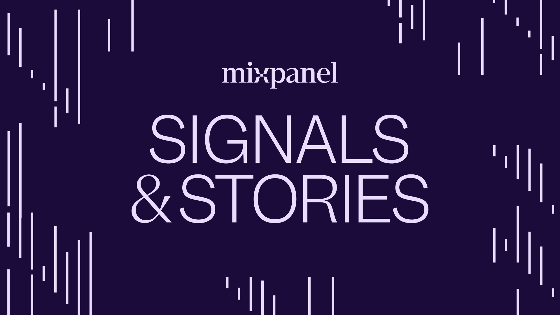 Purple introductory slide with pattern and Signals and Stories logo with the Mixpanel logo