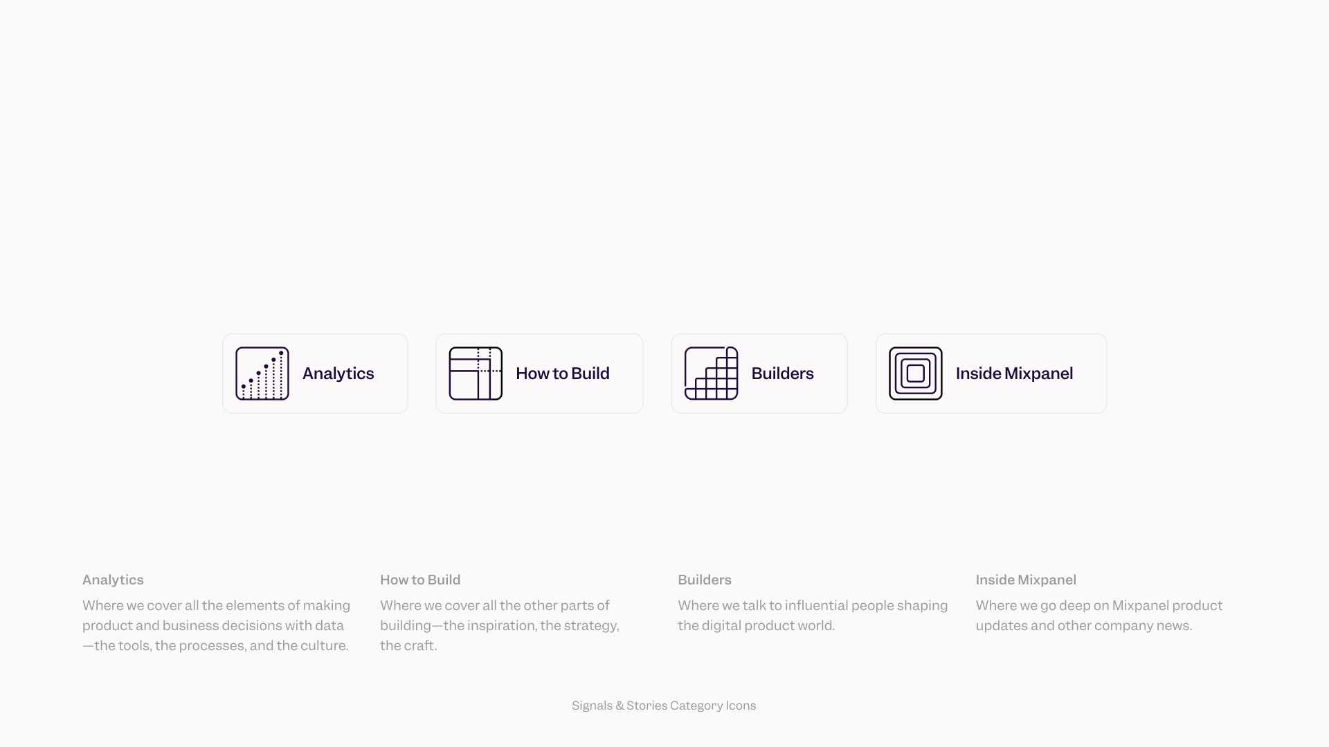 Blog category icons and their descriptions listed: Analytics, How to Build, Builders, and Inside Mixpanel.